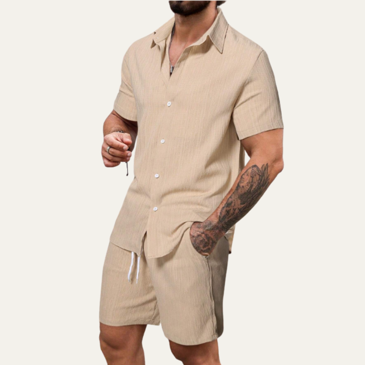 Men's Casual Button Up Shirt And Drawstring Shorts Set
