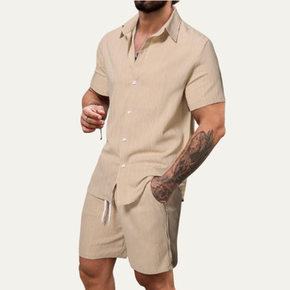 Men's Casual Button Up Shirt And Drawstring Shorts Set