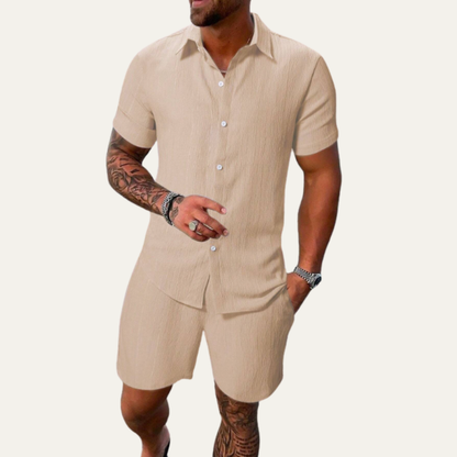 Men's Casual Button Up Shirt And Drawstring Shorts Set