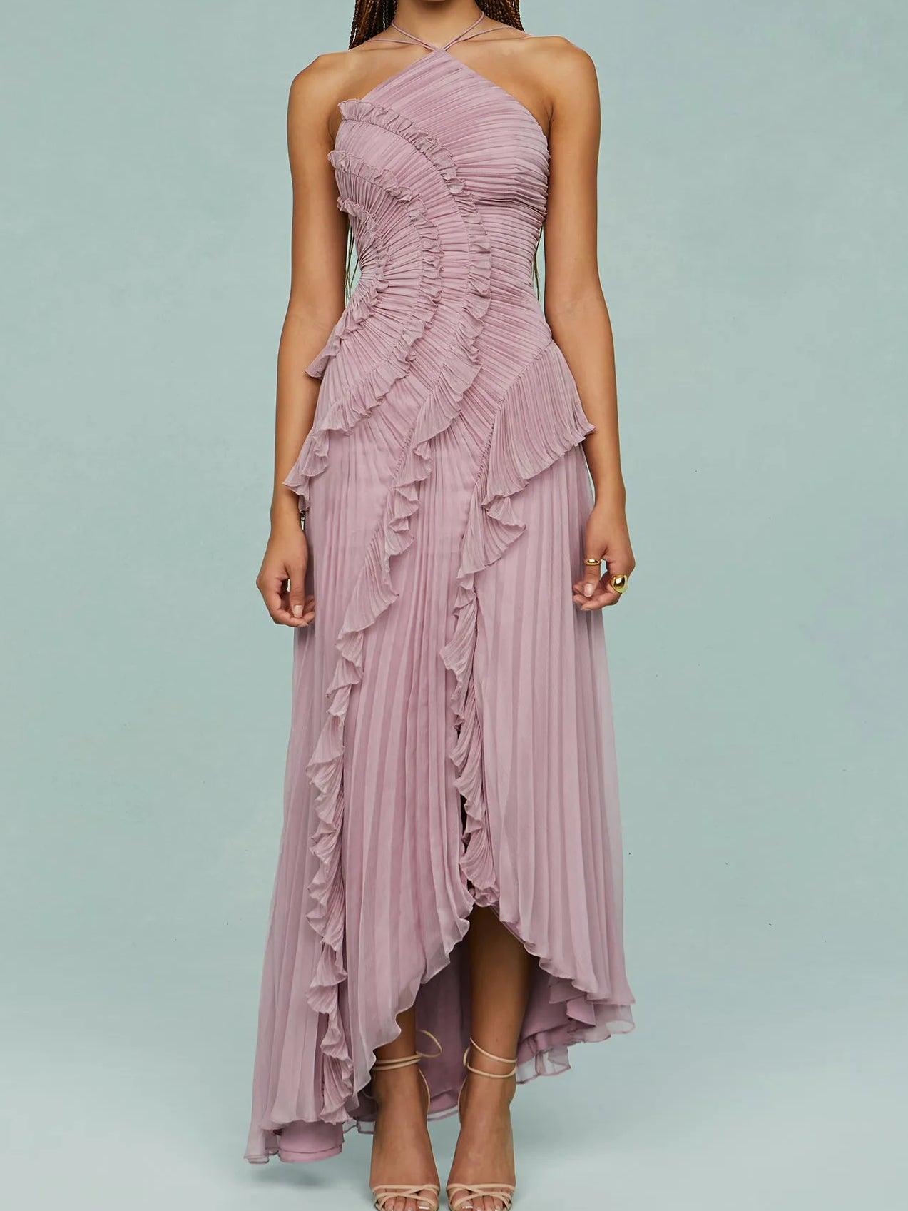 Asymmetric Pleated Ruffle Midi Dress