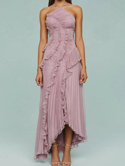 Asymmetric Pleated Ruffle Midi Dress