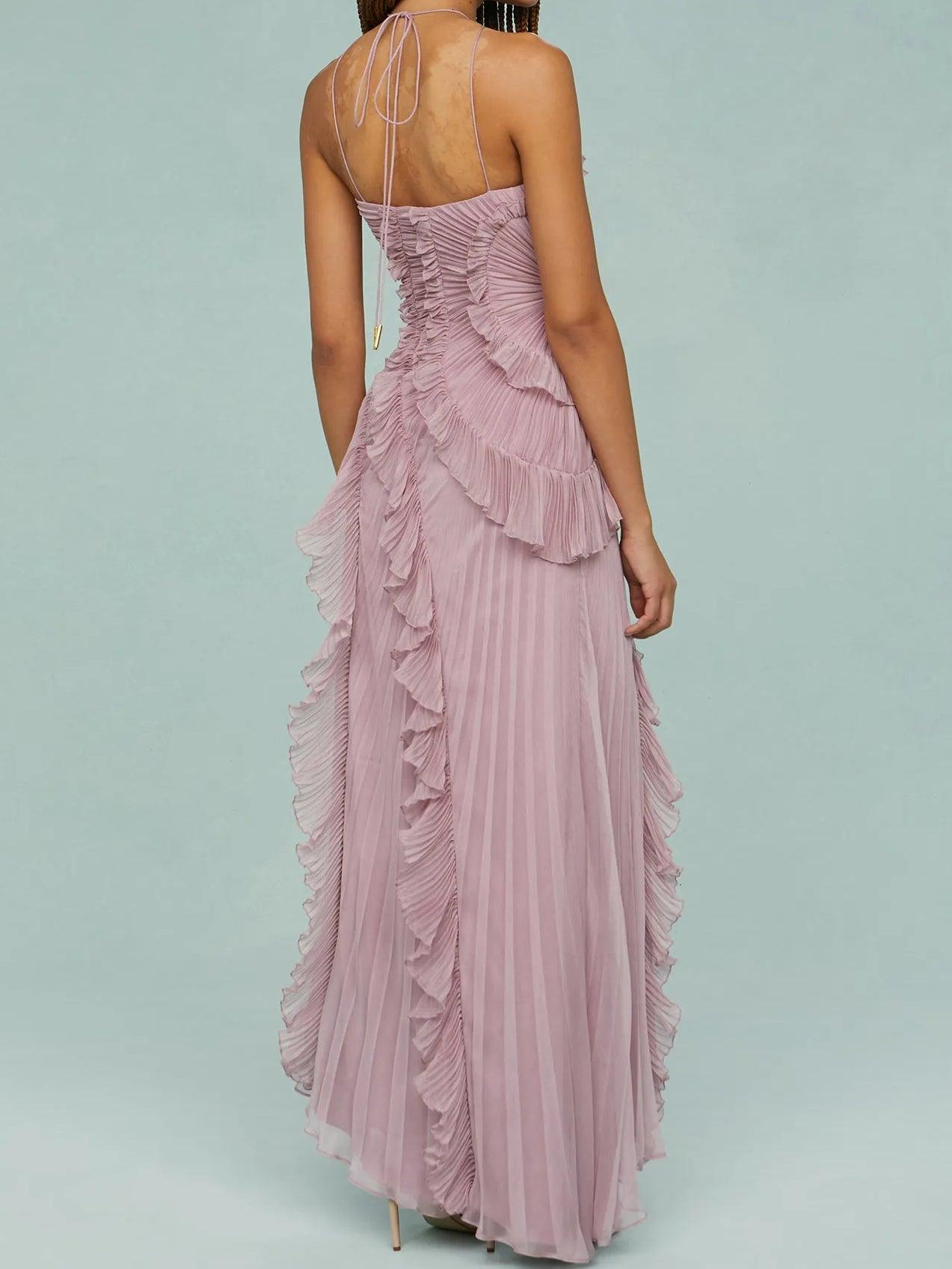Asymmetric Pleated Ruffle Midi Dress