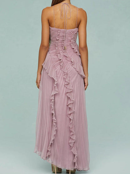 Asymmetric Pleated Ruffle Midi Dress