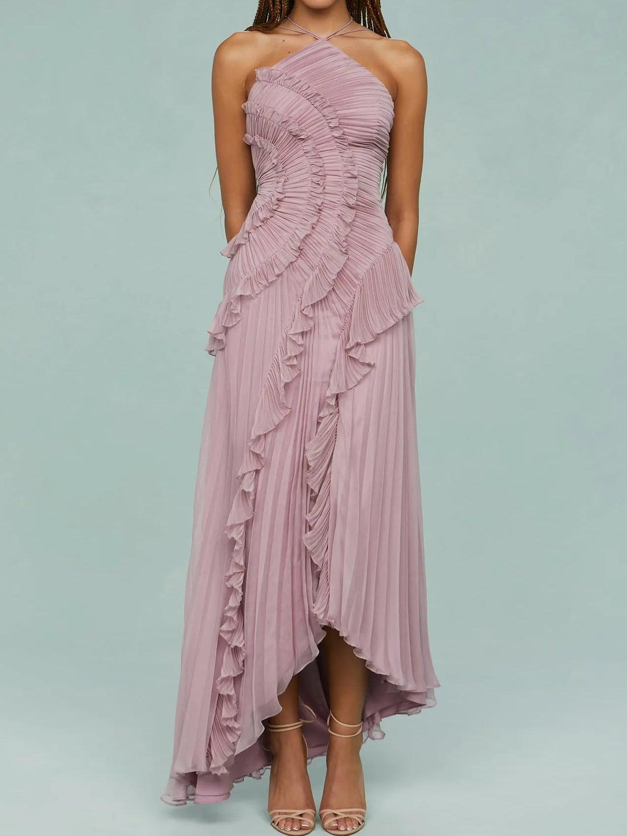 Asymmetric Pleated Ruffle Midi Dress