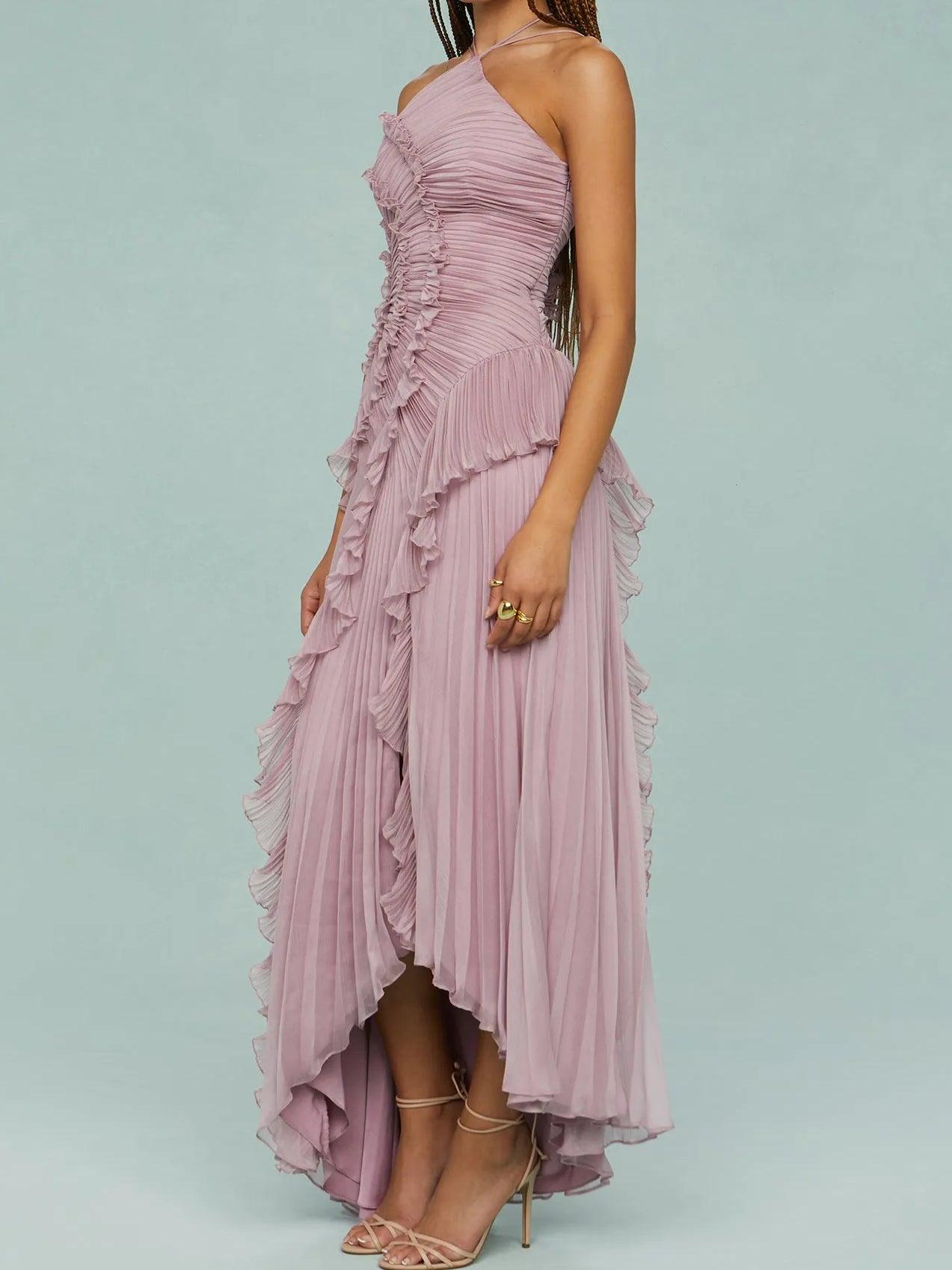 Asymmetric Pleated Ruffle Midi Dress