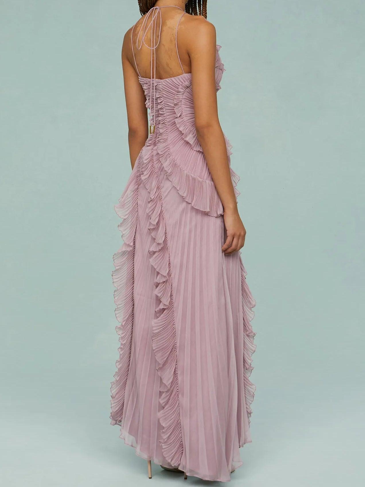 Asymmetric Pleated Ruffle Midi Dress