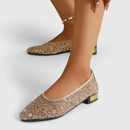 Women's Lace Pointed Toe Flats Low Block Heel