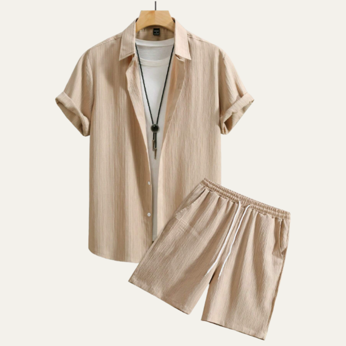 Men's Casual Button Up Shirt And Drawstring Shorts Set