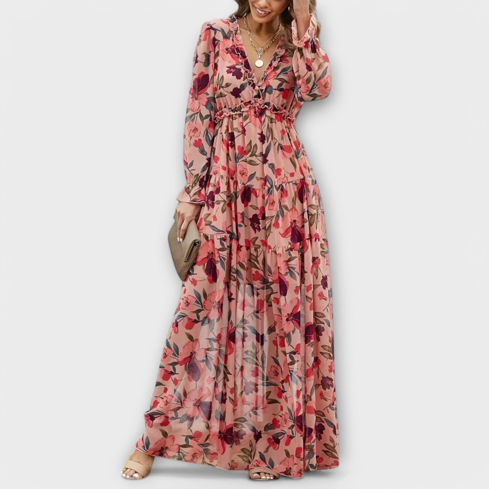 Women's Floral V-Neck Tiered Dress - Fashinoza