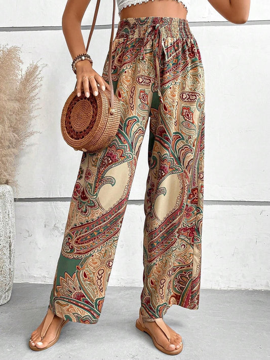 Women's Wide Leg Trousers Slanted Pockets Bohemian Style - Fashinoza