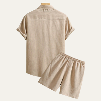 Men's Casual Button Up Shirt And Drawstring Shorts Set