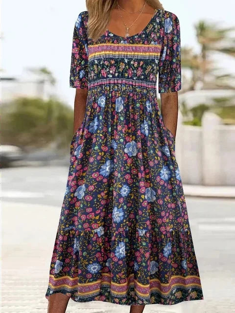 Women's Bohemian Print Dress Round Neckline