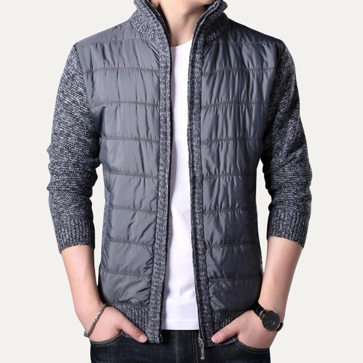 Men's Winter Puffer Jacket Zip Up Knit Sleeve