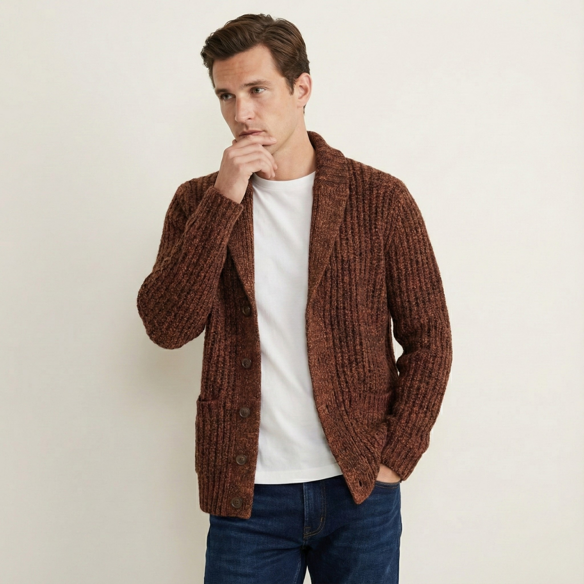 Men's Chunky Knit Cardigan Shawl Collar