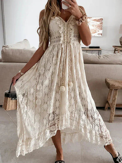 Women's Bohemian Maxi Dress Lace Flared Sleeves