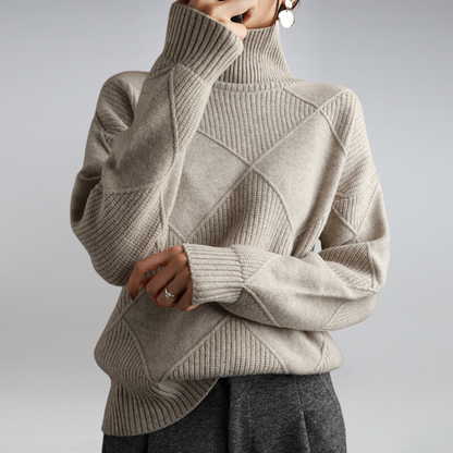 Women's Turtleneck Sweater Diamond Knit Ribbed Cuffs - 
Fashinoza