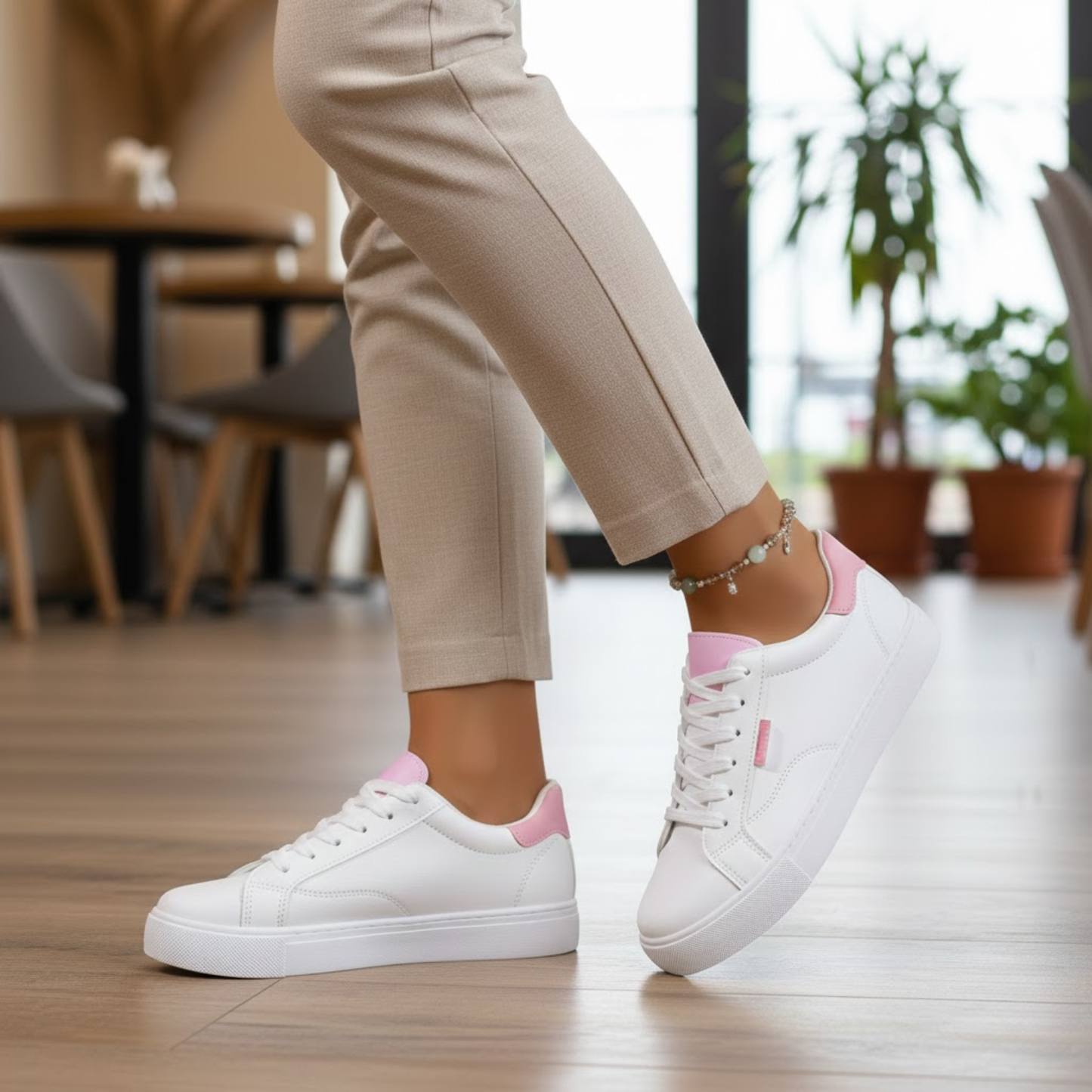 Women's Elegant White Leather Flat Sneakers Lace-Up Casual Student Board Shoes