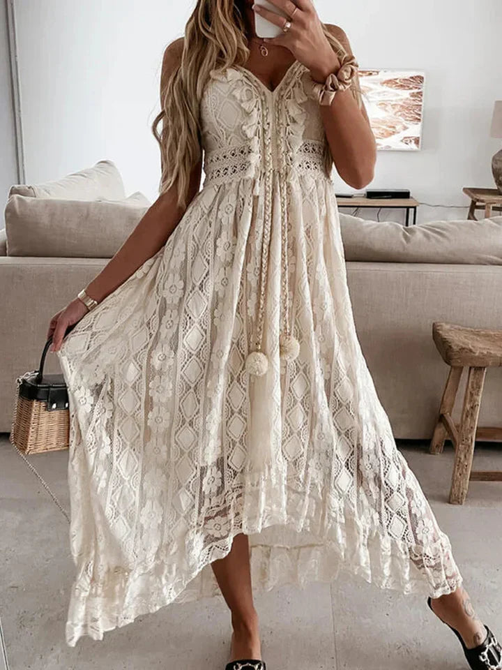 Women's Bohemian Lace Maxi Dress Flared Sleeves