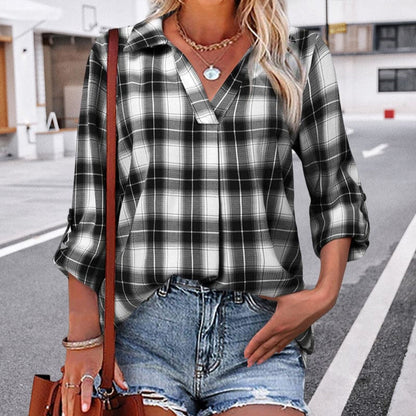 Women's Checked Long Sleeve V Neck Blouse - Fashinoza
