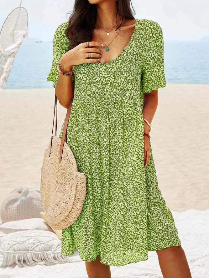 Women's Floral V-Neck Short Sleeve Smock Dress