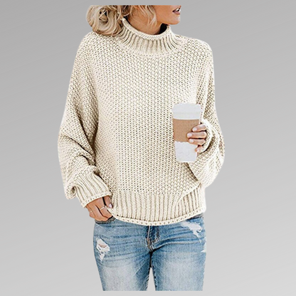 Women's Long Sleeve Knit Sweater Cozy High Neck Beige