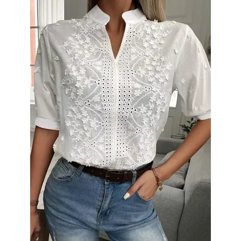 Women's White Embroidered V-Neck Blouse - Fashinoza