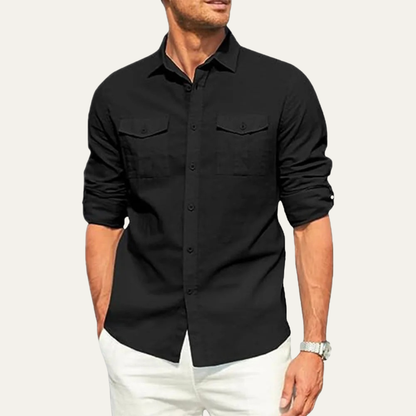 Men's Cotton Linen Cargo Shirt Double Pocket Button Up