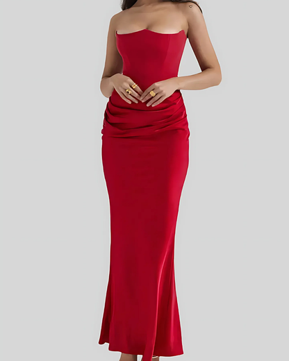 Women's Strapless Maxi Dress Corset-Seam Straight Skirt