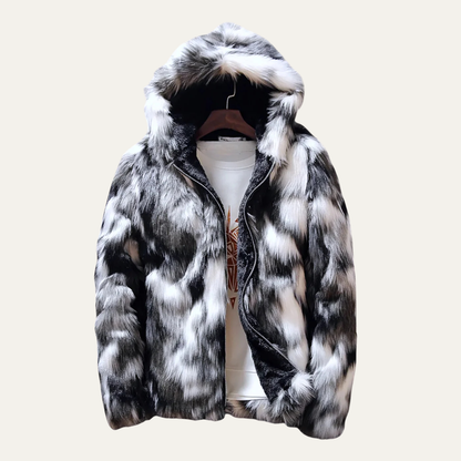 Men's Fur Hooded Winter Jacket Soft Elegant Black
