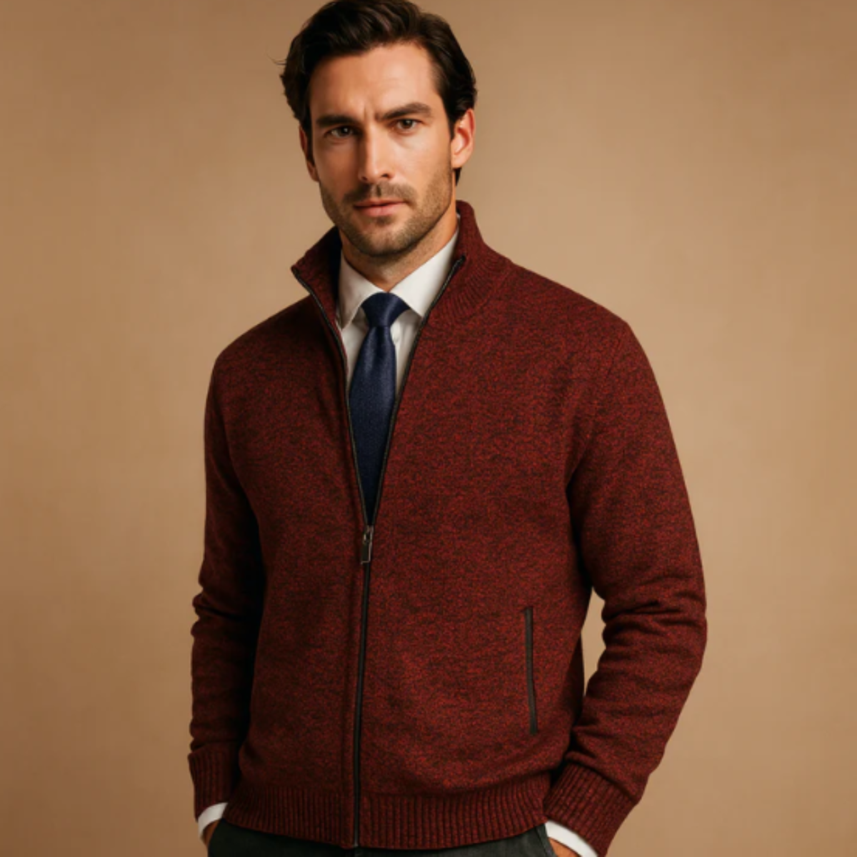 Men's Classic Knitted Zip Cardigan Stand Collar