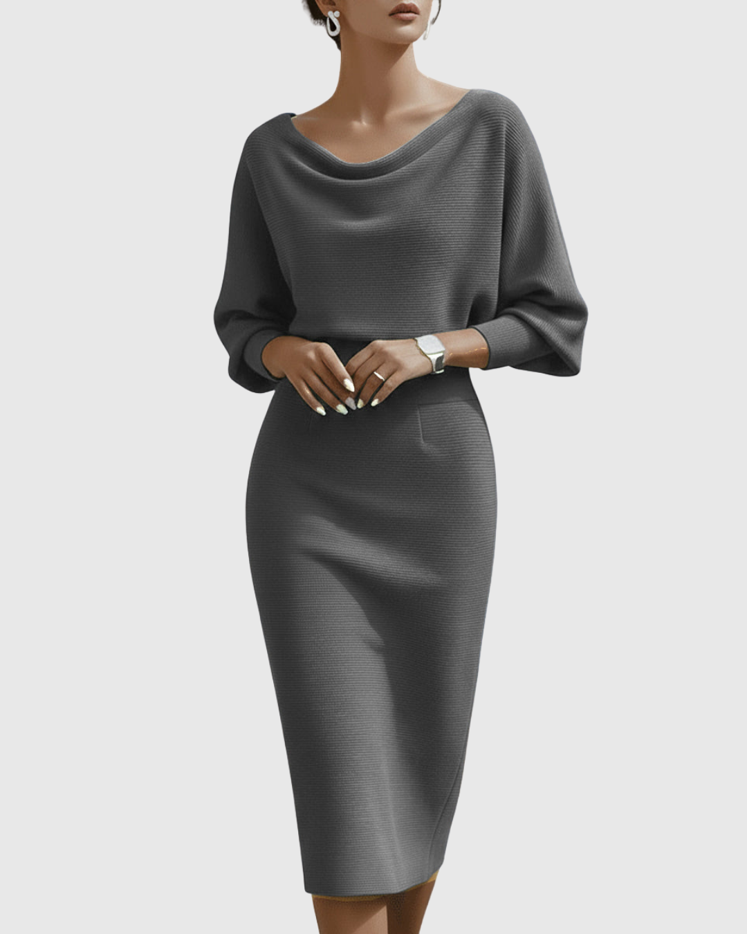 Vivienne Women's Ribbed Midi Dress Batwing Sleeves Cowl Neck