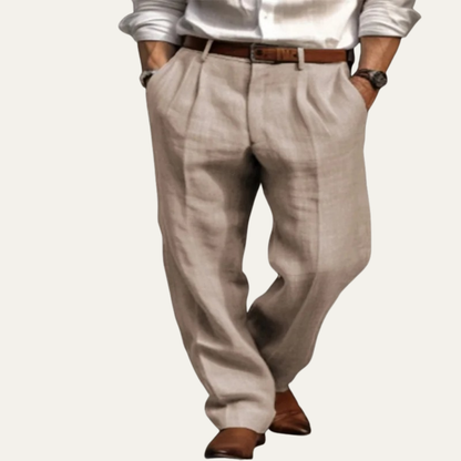 Men's Pleated Straight Pants Casual Cotton Beige