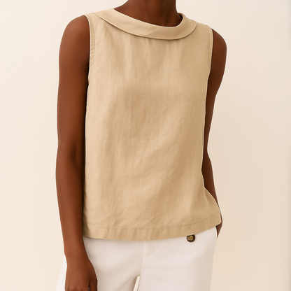 Women's Sleeveless Blouse Rolled Collar Curved Hemline