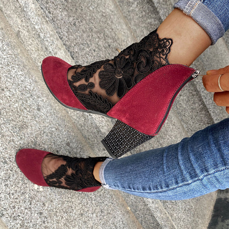 Women's Lace Panel Block Heel Ankle Orthopedic Boots