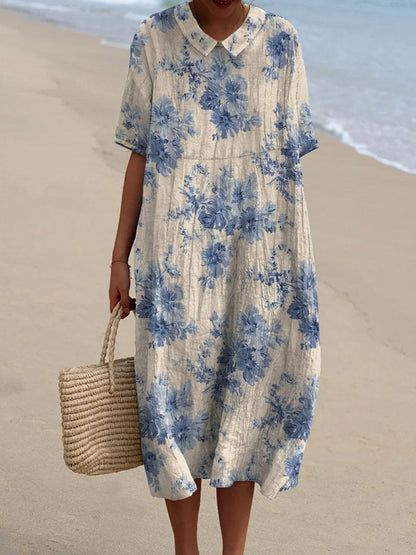 Women's Solid Color V-Neck Linen Pocket Dress