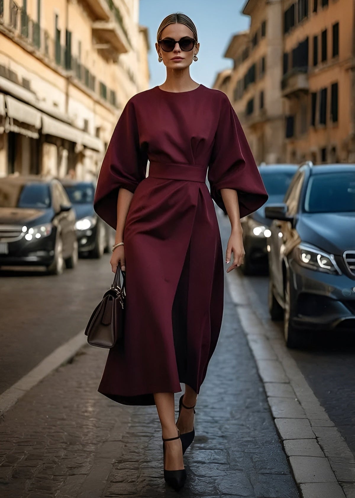 Women's Flowy Maxi Dress Belted Velour - 
Fashinoza