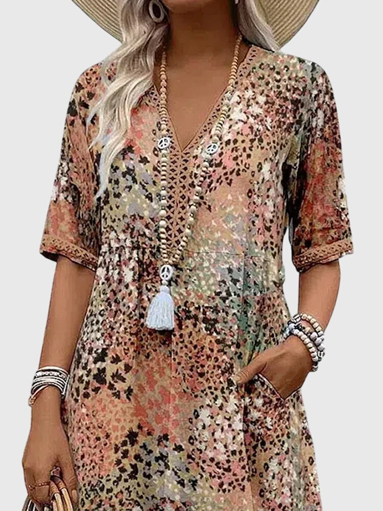V-Neck Printed Midi Dress