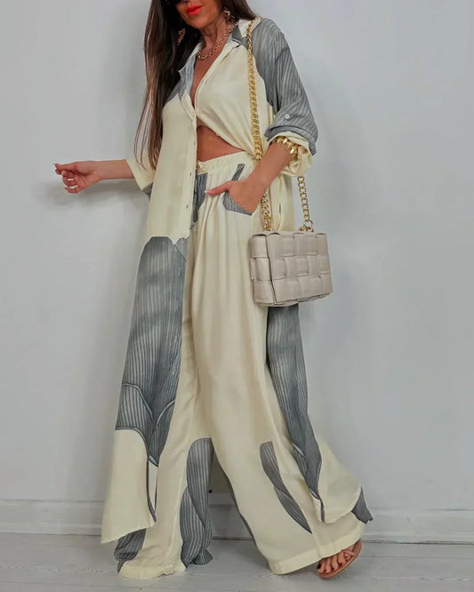 Women's Wide Leg Pants Outfit Set Button Front - Fashinoza