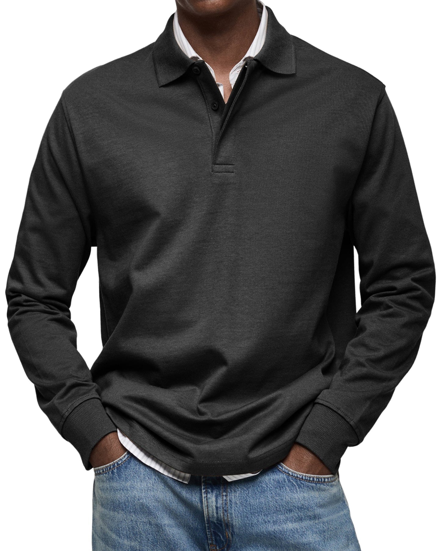 Men's Long-Sleeve Polo Shirt Cotton Button Collar
