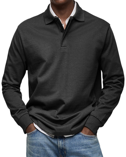 Men's Long-Sleeve Polo Shirt Cotton Button Collar
