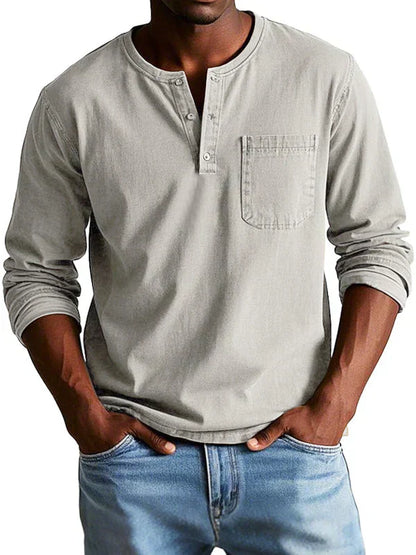 Men's Long Sleeve Henley Shirt Cotton Button Front Chest Pocket
