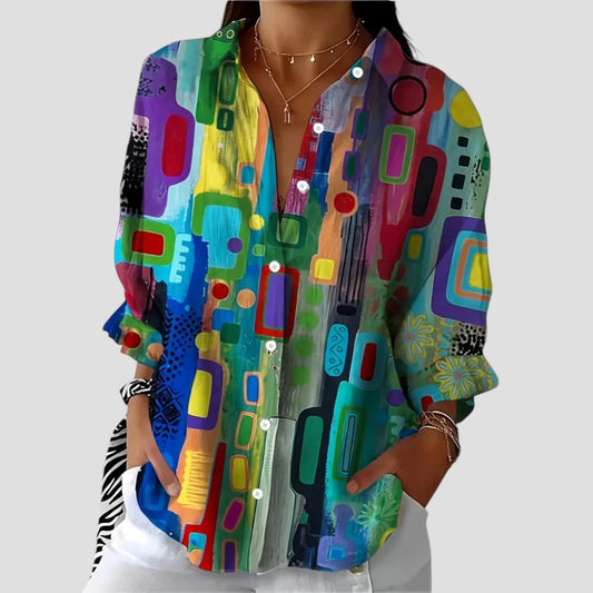 Women's Long Sleeve Abstract Print Blouse - Fashinoza