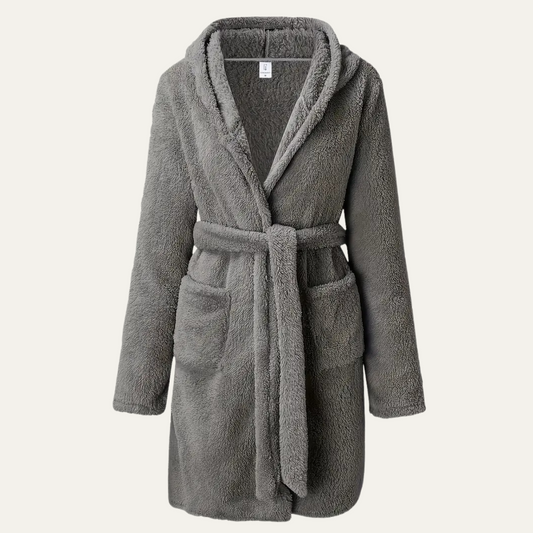 Men's Gray Fleece Hooded Bathrobe With Pockets - Fashinoza