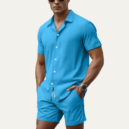 Men's Casual Button Up Shirt And Drawstring Shorts Set