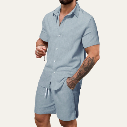 Men's Casual Button Up Shirt And Drawstring Shorts Set