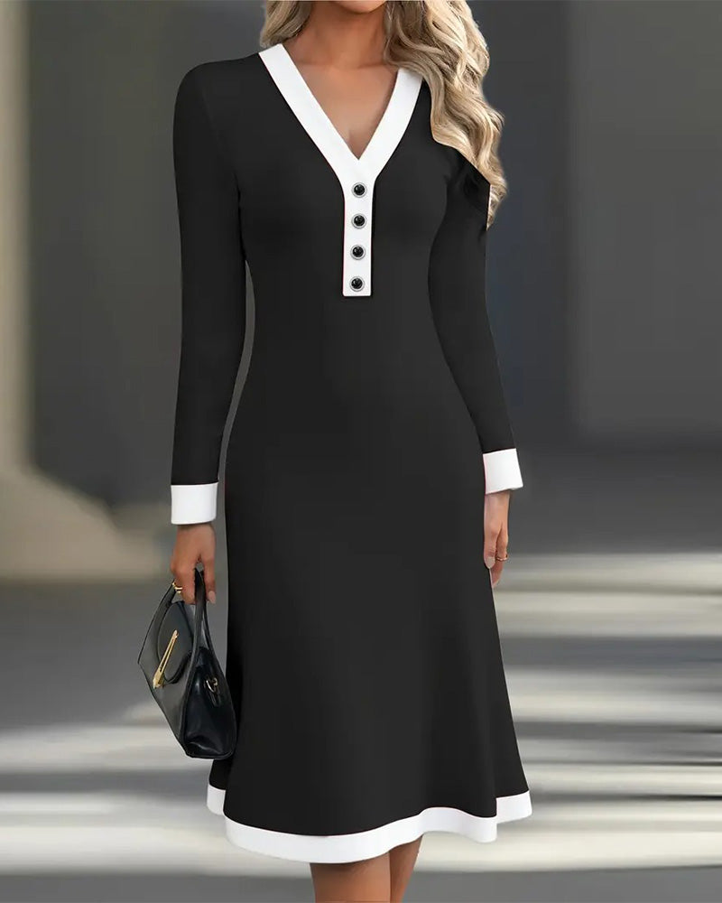 Refined Contrast Button Midi Dress