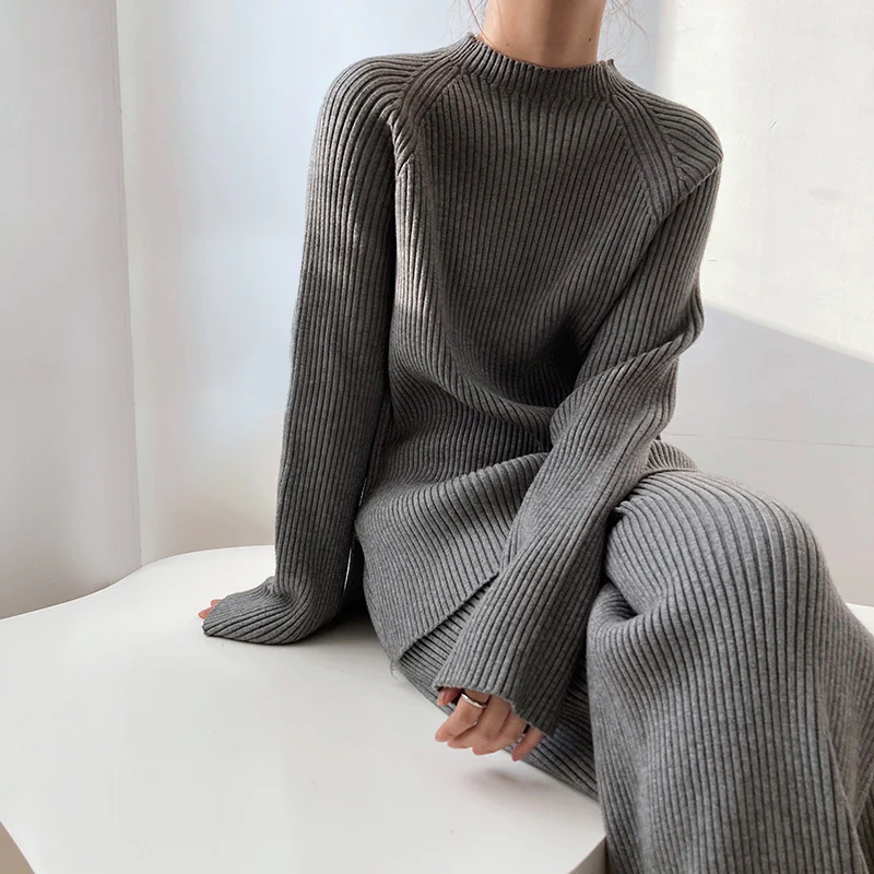 Women's Wide Leg Ribbed Knit Two Piece Set