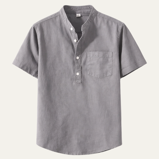 Men's Henley Shirt Stand Collar Cotton Summer Beige - Fashinoza