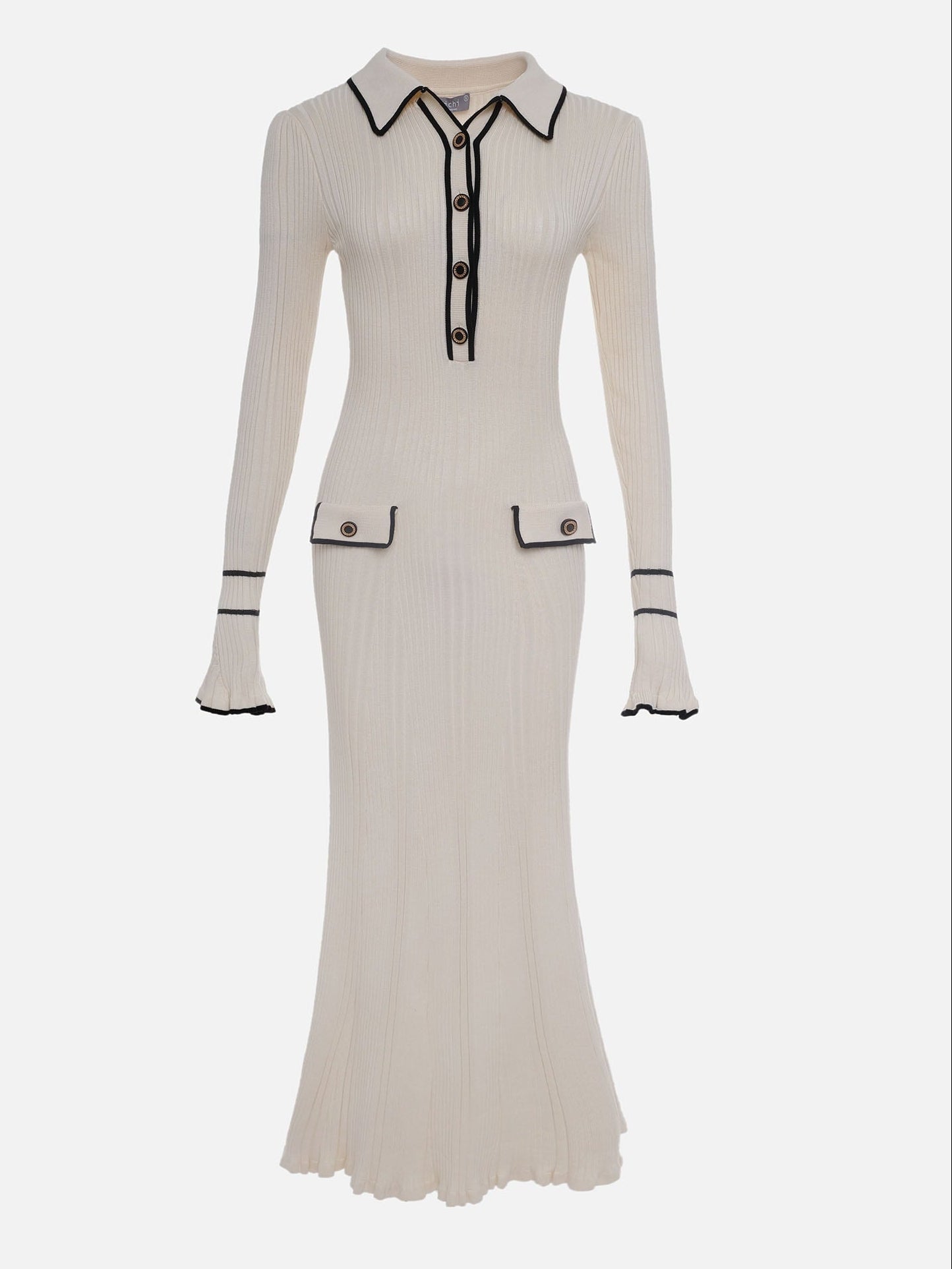 Women's Sweater Dress Ribbed Polo Collar Midi Button Front