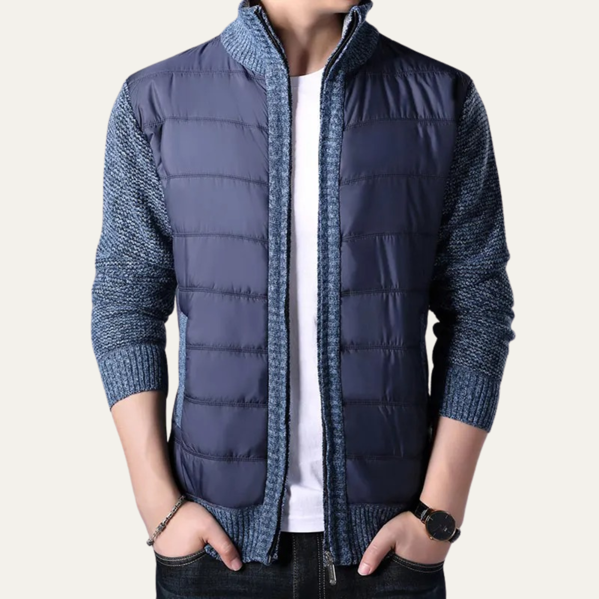 Men's Winter Puffer Jacket Zip Up Knit Sleeve